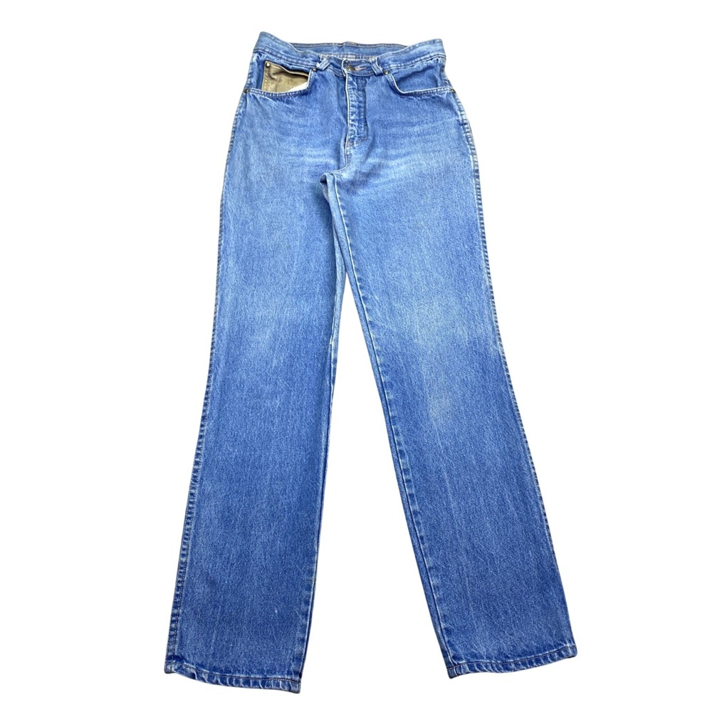 Banzai Vintage High Waisted Straight Leg Jeans Ostrich Leather Trim Blue‎ 30/M